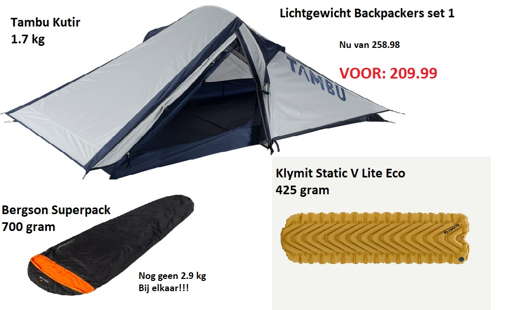 Lichtgewicht Backpackers set Tent, Slaapzak, Slaapmat 2.9Kg. €199.99